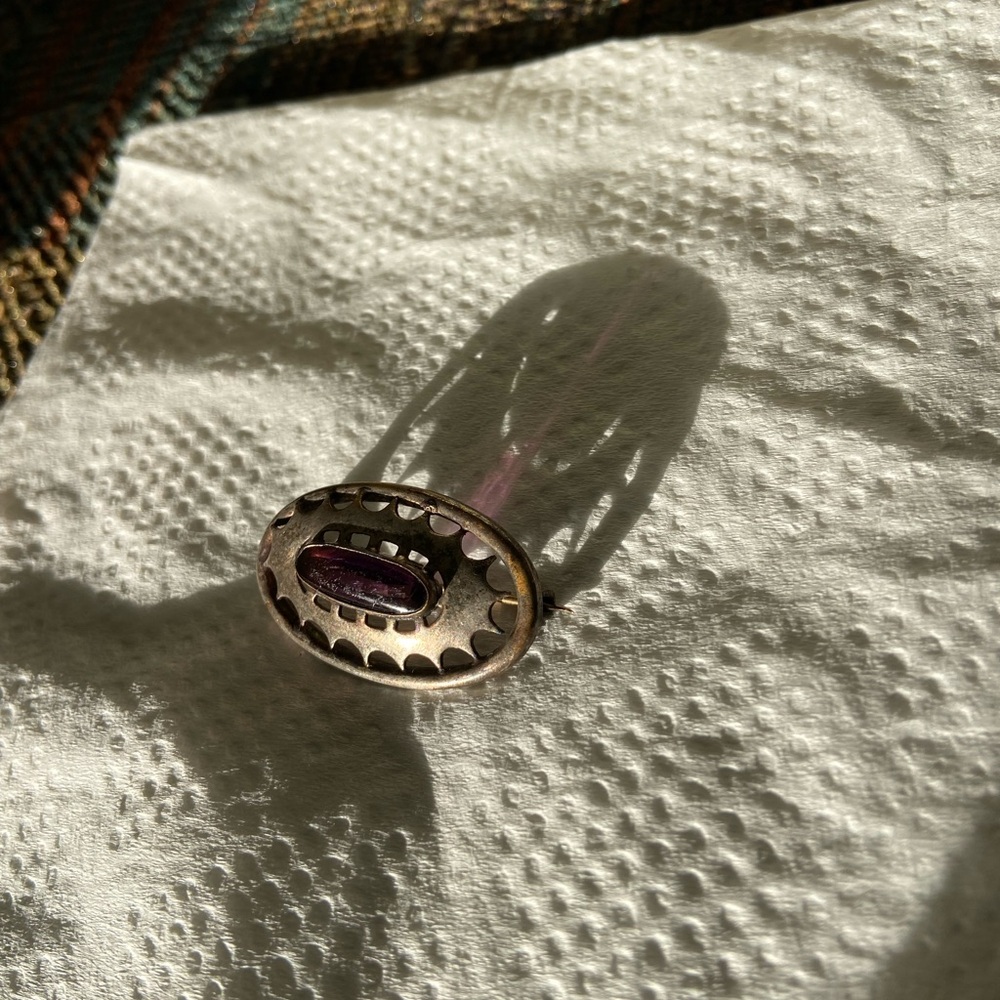 Victorian Brooch Antique Amethyst Glass Silver Tone Pin Jewelry Purple Scratches